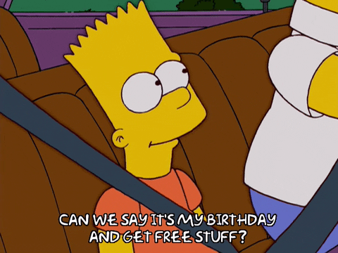 Bart Simpson "Can we say it's my birthday and get free stuff" gif