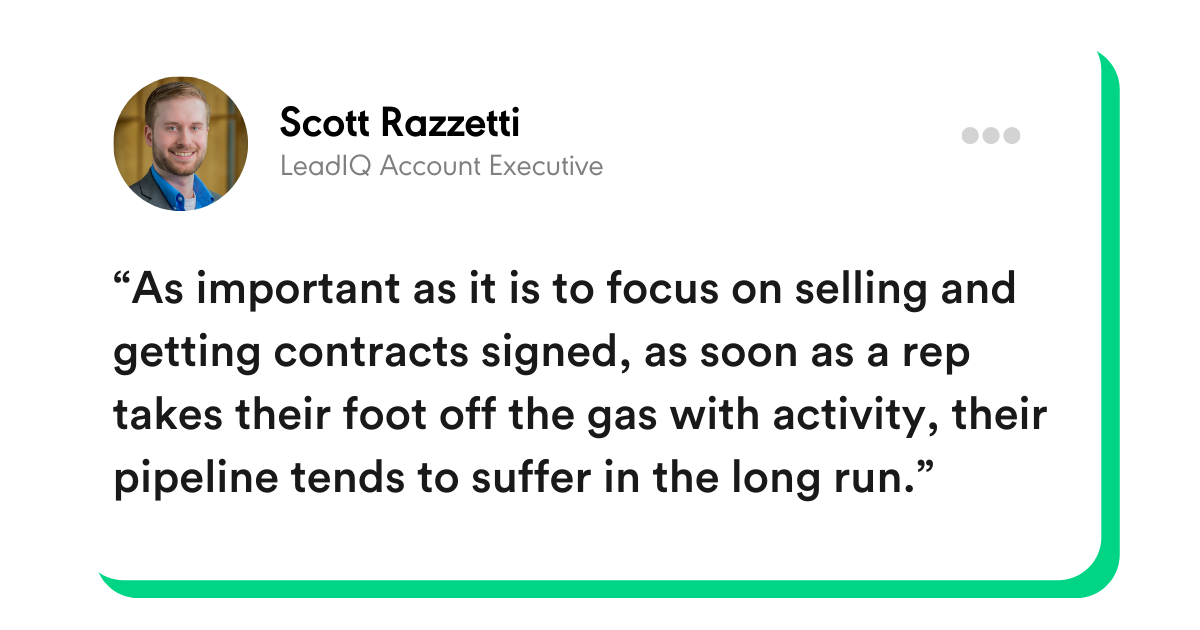 “As important as it is to focus on selling and getting contracts signed, as soon as a rep takes their foot off the gas with activity, their pipeline tends to suffer in the long run.” -Scott Razzetti, LeadIQ Account Executive