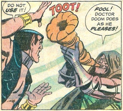 Dr. Doom blows horn in front of Namor the Submariner